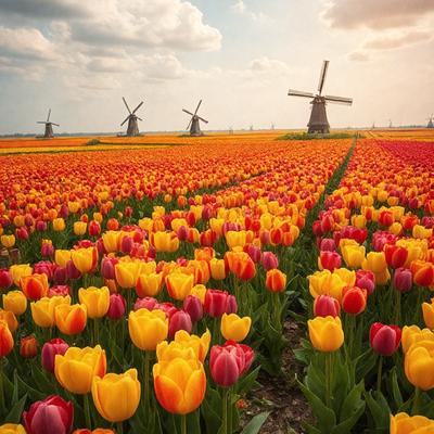 The primary subject of the image is a field of flowers, predominantly yellow tulips. The setting is a large, open field with a cloudy sky in the background. The visual style is a realistic, natural scene. The dominant colors are yellow and orange, creating a warm and vibrant atmosphere.